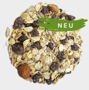 Bio-Nussmüsli mit weißem Hintergrund und der Aufschrift "Neu"